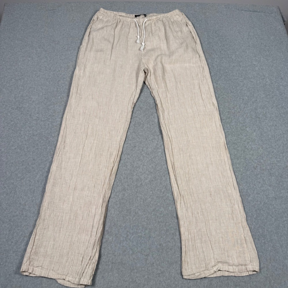 Brandy Melville Tan White Pinstripe 100% Flowy Linen Drawstring Wide Leg Pants